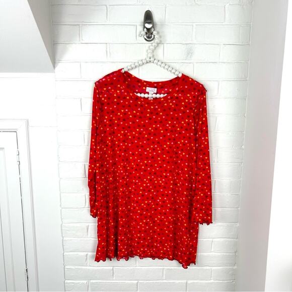 LOGO Layers by Lori Goldstein Mesh Heart 3/4 Sleeve Top in Fiery Red Size L - Picture 2 of 9